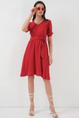 2370 Kuşaklı Örme Elbise - Kırmızı