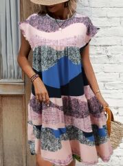 Kadın Kısa Kollu Bisiklet Yaka Kare Desenli Dalgıç Elbise