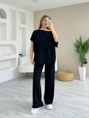 Kadın Kısa Kollu Kayık Yakalı Dikiş Izi Detaylı Viskon Iki Iplik Bluz Ve Pantolon Ikili Takım