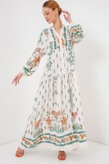 2423 Otantik Desenli Tesettür Elbise - Yeşil 10