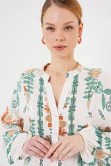 2423 Otantik Desenli Tesettür Elbise - Yeşil 10