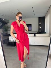 Kadınn V Yaka Düğme Detay Kuşak Dahil Elbise