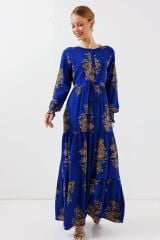 2145 Desenli Tesettür Elbise - Saks