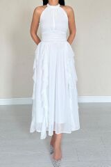 Beyaz Önü Büzgülü Fırfırlı Elbise