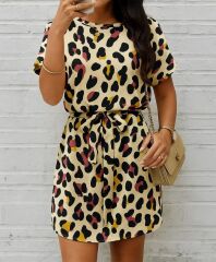 Kadın Kısa Kollu Yuvarlak Yaka Beli Kuşaklı Geometrik Desenli Süprem Elbise