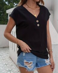 Kadın Kısa Kollu önü Düğmeli V Yaka Aerobin Bluz