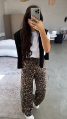 Kadın Saten Kumaş Leopar Desenli Pantolon