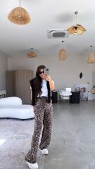 Kadın Saten Kumaş Leopar Desenli Pantolon