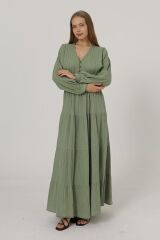 Önü Yarım Düğmeli Uzun Kol Kemerli Elbise - Haki