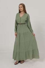 Önü Yarım Düğmeli Uzun Kol Kemerli Elbise - Haki