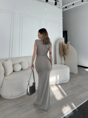 Kolsuz Uzun Likralı Elbise - Gri