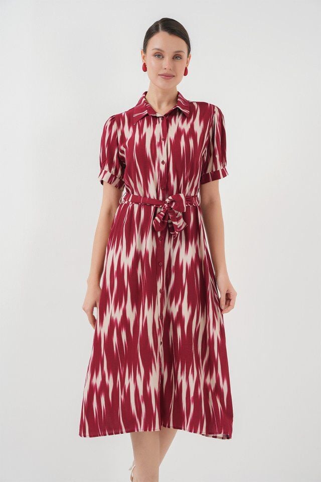 Desenli Kısa Kol Elbise 2532 - Bordo