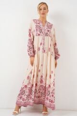 2423 Otantik Desenli Tesettür Elbise - Bordo 1