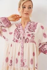 2423 Otantik Desenli Tesettür Elbise - Bordo 1