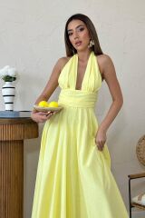 Sarı Askılı Keten Elbise