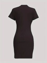 Kadın Kısa Kollu Queen Baskı Iki Iplik Mini Elbise