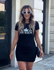 Kadın Kısa Kollu Queen Baskı Iki Iplik Mini Elbise