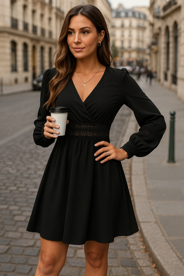 Kadın Uzun Kollu Kruvaze Yakalı Dantelli Fermuar Detaylı Kısa Ithal Krep Elbise