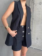 KETEN YELEK - ŞORT TAKIM - Siyah