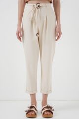 6660 Kemerli Keten Pantolon - Krem