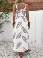 Kadın Askılı önden Düğmeli Yaprak Desenli Uzun Süprem Elbise