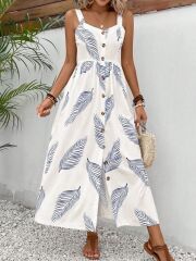 Kadın Askılı önden Düğmeli Yaprak Desenli Uzun Süprem Elbise