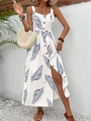 Kadın Askılı önden Düğmeli Yaprak Desenli Uzun Süprem Elbise