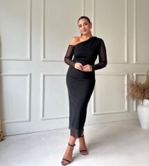 Kadın Uzun Kollu Omuz Dekolteli Içi Astarli Midi Boy Tül Elbise