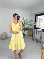 Kadın Bürümcük Kumaş Eteği Fırfır Detaylı Sıfır Kol Elbise