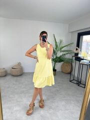 Kadın Bürümcük Kumaş Eteği Fırfır Detaylı Sıfır Kol Elbise