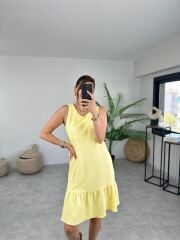 Kadın Bürümcük Kumaş Eteği Fırfır Detaylı Sıfır Kol Elbise