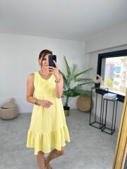 Kadın Bürümcük Kumaş Eteği Fırfır Detaylı Sıfır Kol Elbise