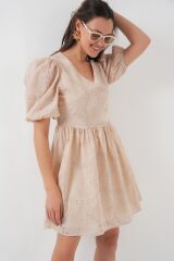2529 Fistolu Kısa Elbise - Bej