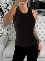 Kadın Kolsuz Yuvarlak Yaka Kalın Fitilli şardonlu Kaşkorse Bluz