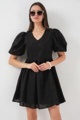 2529 Fistolu Kısa Elbise - Siyah