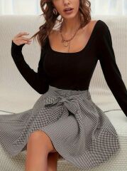 Kadın Uzun Kollu Yuvarlak Yakalı üst Viskon Alt Ekoseli Kosa Elbise