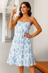 Kadın Sıfır Kol Askılı Dekolteli Yırtmaç Detay çiçek Baskılı Süprem Midi Elbise