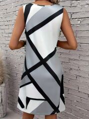 Kadın Askılı Yuvarlak Yaka Geometrik Desenli Kısa Süprem Elbise