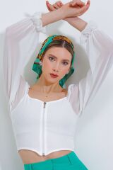 Beyaz Şifon Önü Fermuarlı Bluz 0496