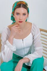 Beyaz Şifon Önü Fermuarlı Bluz 0496