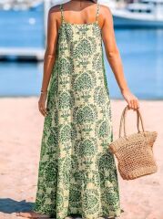 Kadın Ip Askılı Desenli Fırfırlı Süprem Elbise