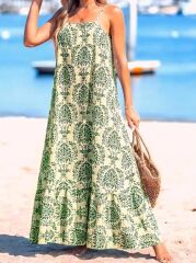 Kadın Ip Askılı Desenli Fırfırlı Süprem Elbise