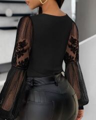 Kadın Kruvaze Yaka Derin Dekolteli Kolları Tül Detay Fırsat ürün Bluz