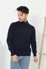 Unisex Yarım Boğazlı Baskılı Dokuma Triko - Lacivert