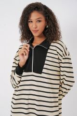 55453 Fermuar Detaylı Çizgili Uzun Elbise - Siyah