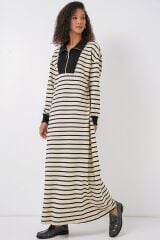 55453 Fermuar Detaylı Çizgili Uzun Elbise - Siyah