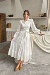 Ekru Çizgi Desenli Uzun Elbise