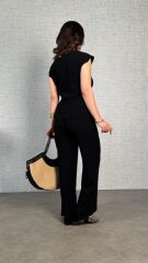 Kadın Kısa Kollu Bisiklet Yaka Yandan Bağlamalı Bürümcük Bluz Ve Pantolon Ikili Takım