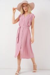 Sıfır Kol Kuşaklı Ayrobin Elbise 2568 - Pudra