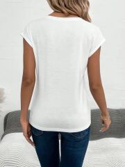 Kadın Kısa Kollu V Yakalı Kalp Desen Viskon Bluz